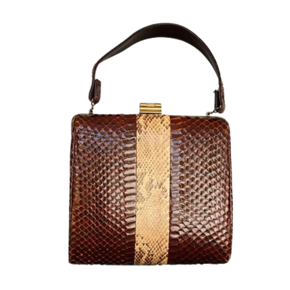 1950s Vintage Dark Brown Snakeskin Box Shape Handbag With Python Stripe Accent